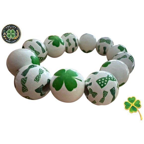 Luck of the Irish Clover Wood Beaded Stretch Bracelet St Patricks Day Ne… - Picture 7 of 12